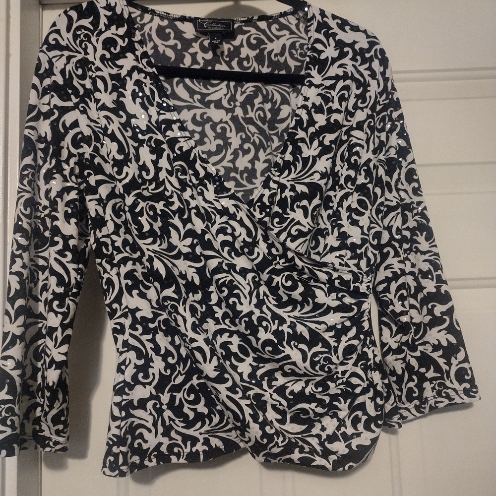 Dressbarn Black and White Patterned Long Sleeve Blouse W/ Sequins Size Large